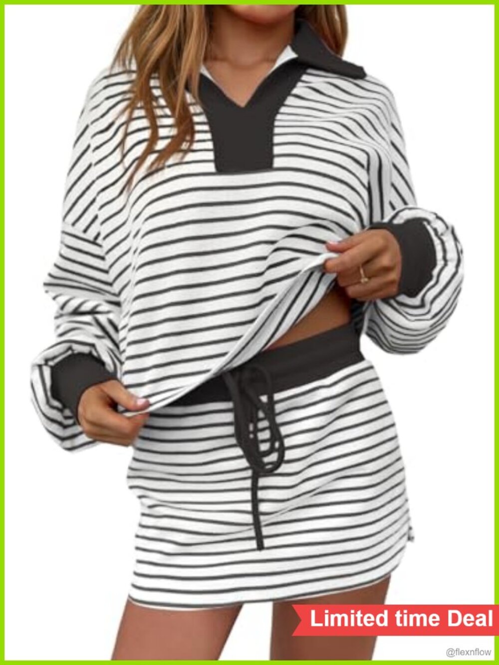 Womens Striped 2 Piece Outfit Long Sleeve Sweatshirt Skirt Set Lounge Workout